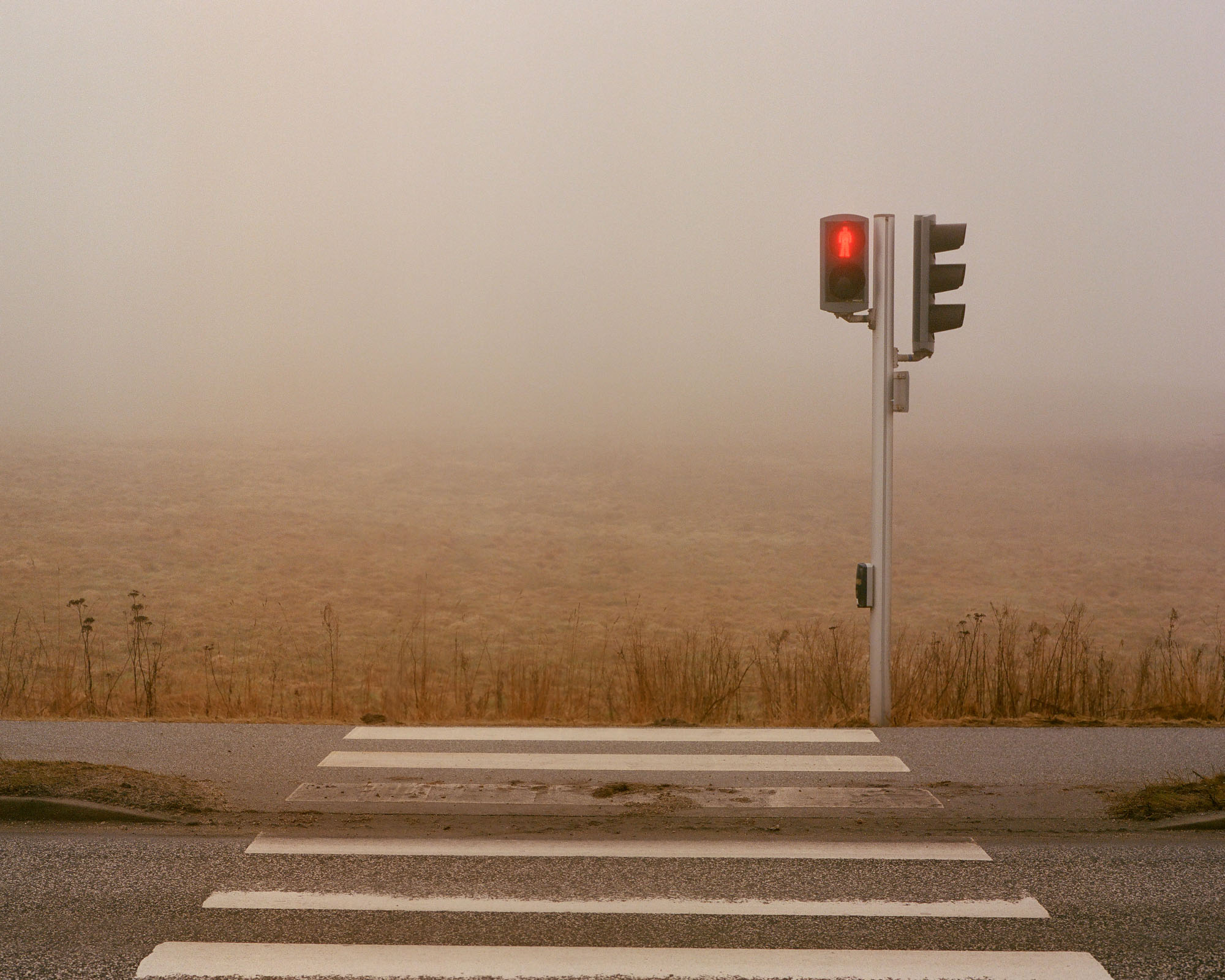 Red pedestrian stop light over a crosswalk in a sepia-toned, hazy landscape.