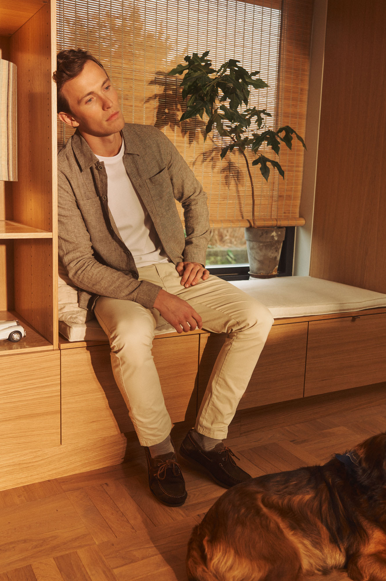 Thoughtful man in a casual shirt and pants sitting by a sunlit window with a dog.